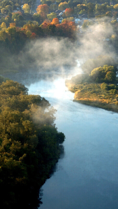 Photo of mist over a body of water with trees at the side